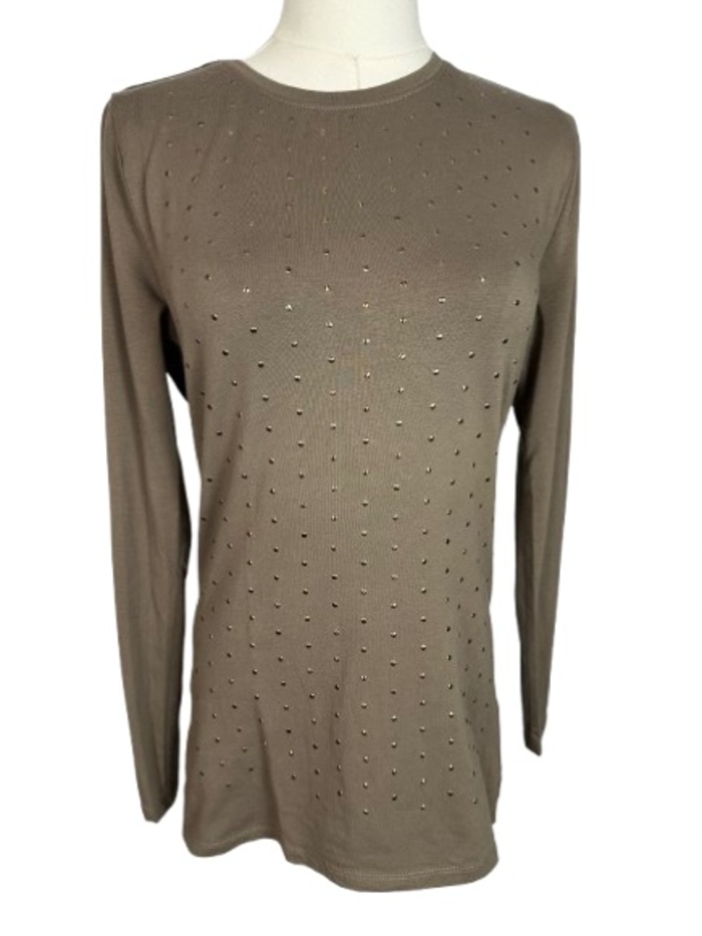 Ann Taylor Taupe Long-Sleeve Studded Crewneck Top